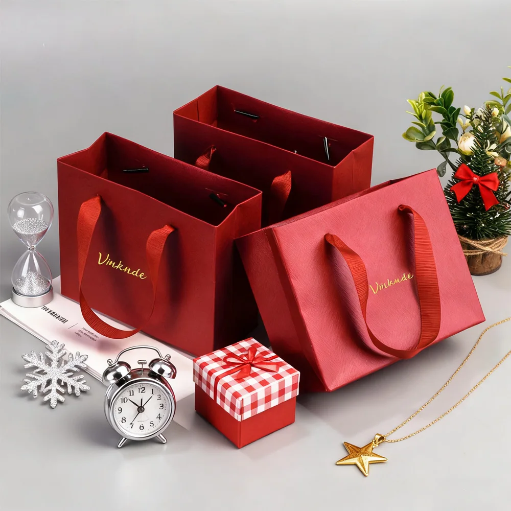 

Red Luxury Custom Clothing Shopping Bags Gift Texture Paper Tote Bag Packaging with Ribbon Handle Bag for Wedding Jewelry Candle