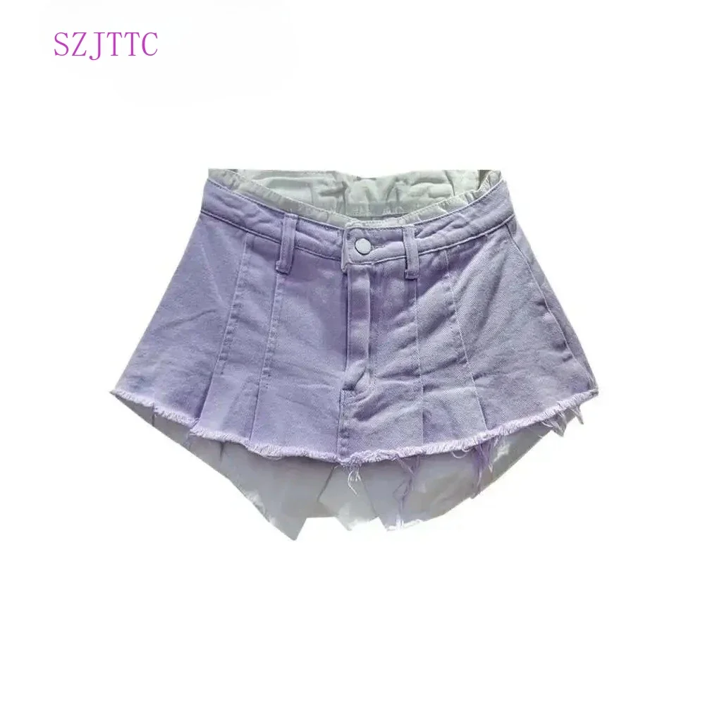 

Women's Denim Skirt High Waist Pleated Patchwork Contrast Color Big Pockets Burrs A-line Mini Skirt 2025 Summer New 29L6798