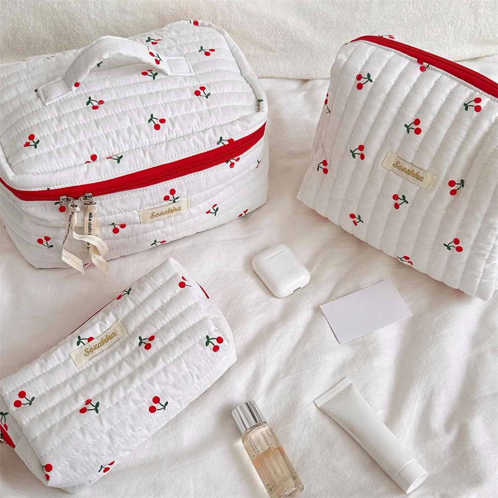 Ladies Travel Storage Bag Retro Cherry Print Cotton Women's Cosmetic Bags Cute Girls Pencil Case Makeup Bag Handbags