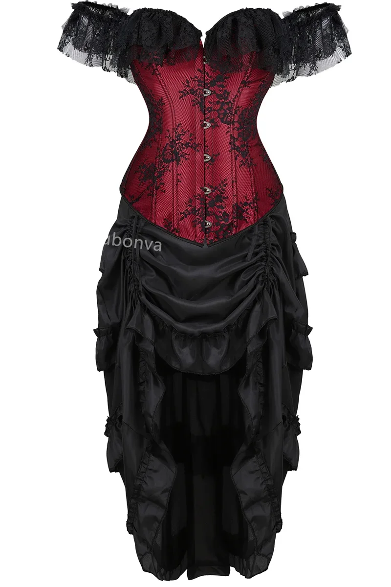 Corset Dress Tutu Skrits Set Overbust With Lace Sleeved Costume Party Sexy Burlesque Basques Outfit Plus Size Vintage Black Red