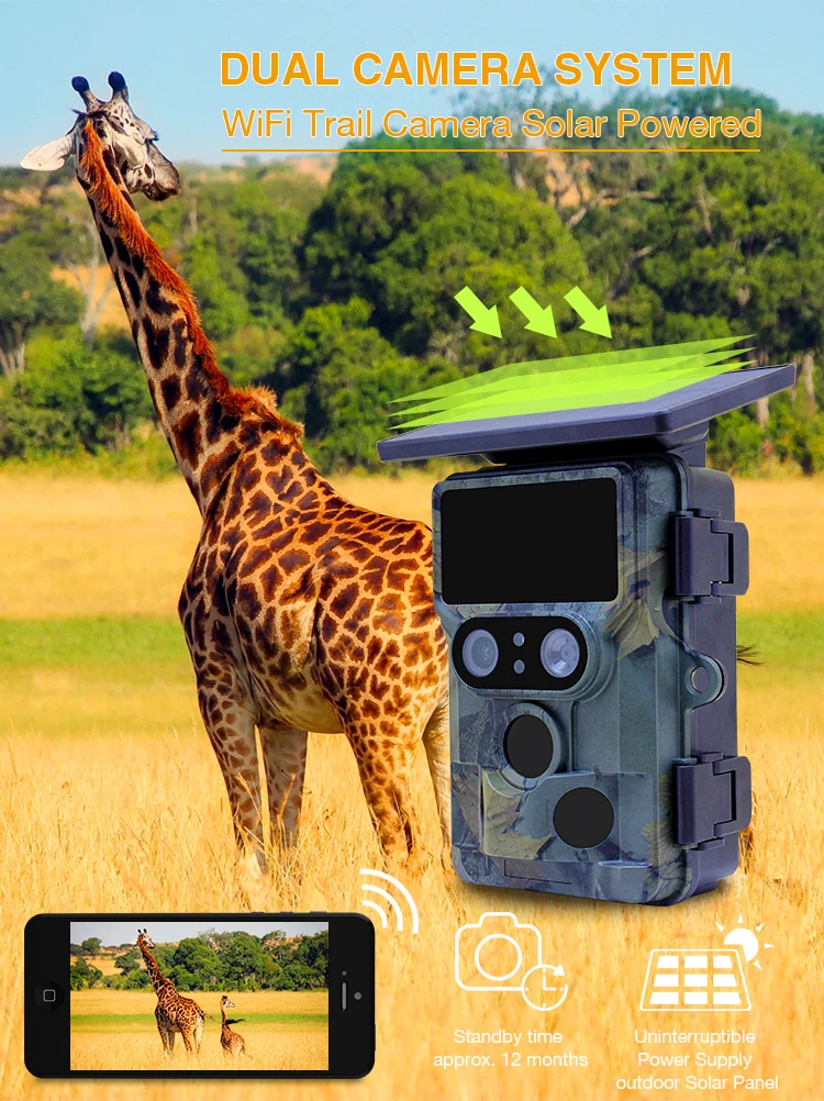 Dual Lens Wifi Game Trail Camera 24MP Night Vision Cellular Wildlife Camera 120° Wide Angle IP66 for Animal Monitoring