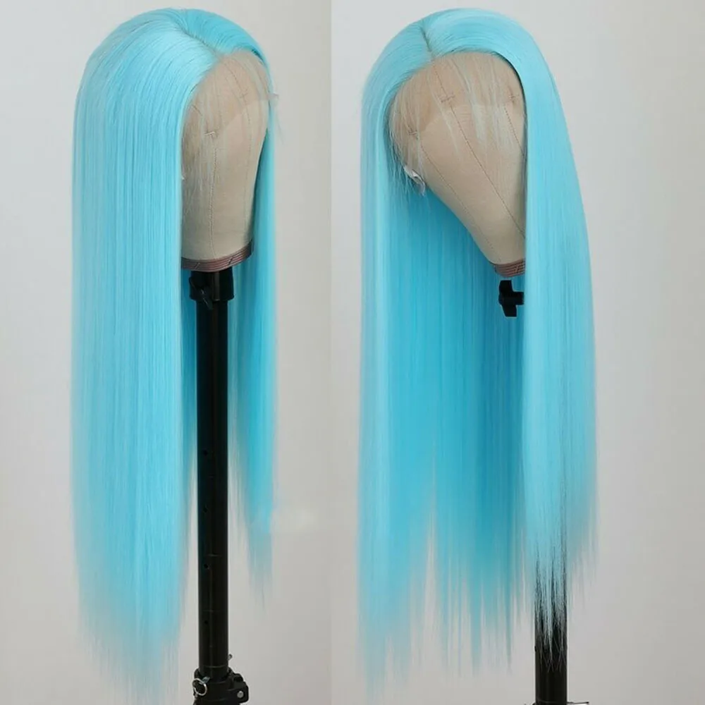 24inch Ice Blue 13x4 Lace Front Wigs Pre Plucked Wear and Go Glueless Long Straight Heat Resistant Synthetic Hair Wigs for Women