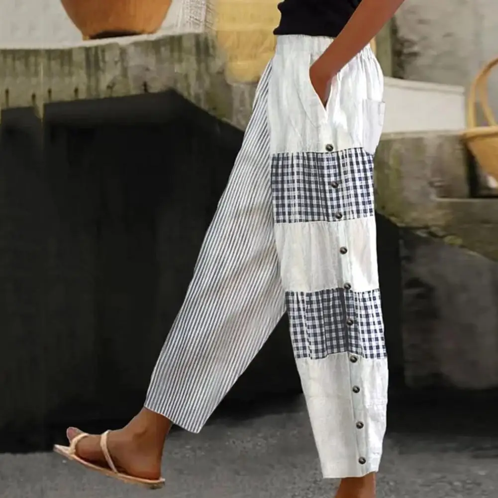 

Vintage Striped Wide Trousers for Women 2023 Autumn High Waist Straight Pants with Print 4XL Cotton Linen Slim Home Pants