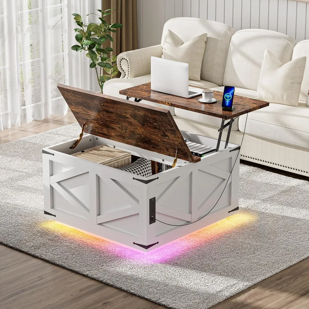 

Lift Top Coffee Table with Storage, Farmhouse Coffee Table with Socket and LED Light 31.5 Square Center Table with Large Hidden