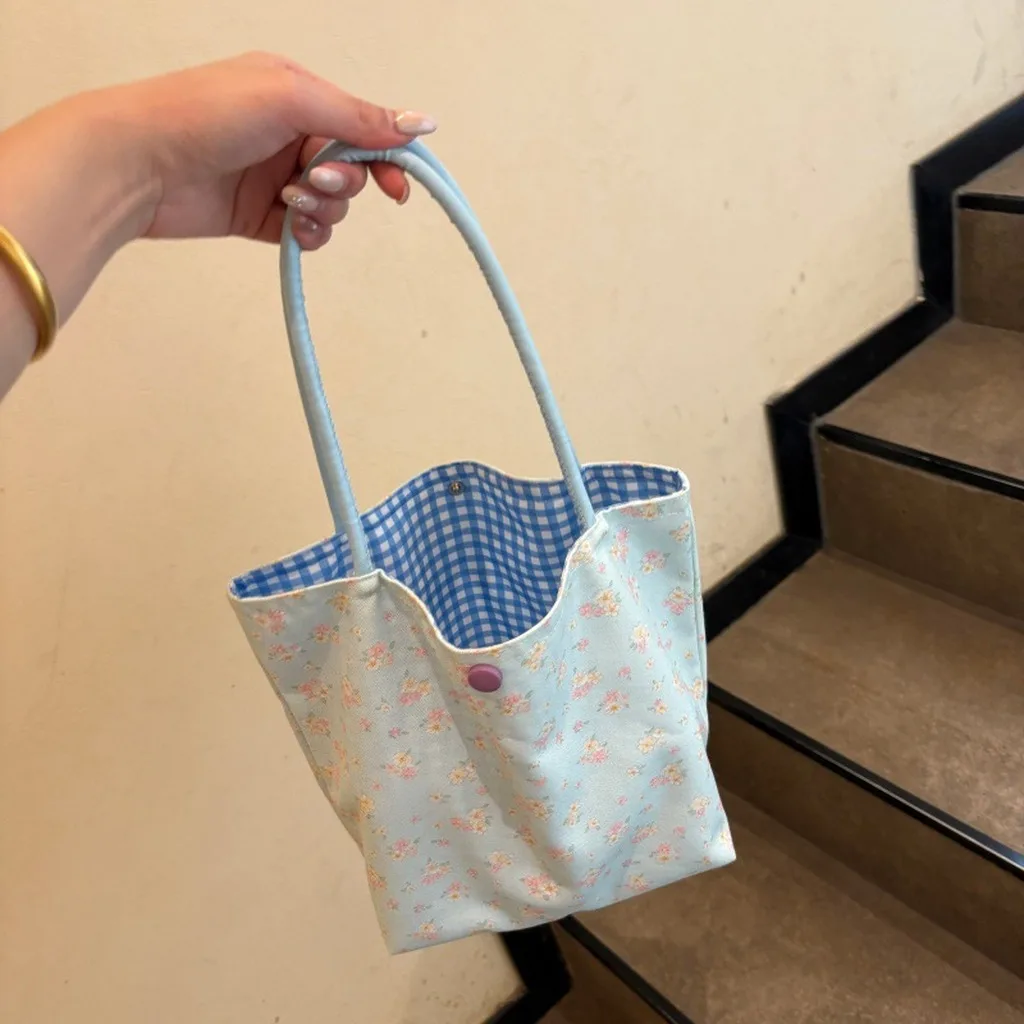 Single Handle Handbag Floral Large Capacity Shoulder Bag Casual Daily Handbag Check Nylon Shoulder Tote Bag For Daily Essentials