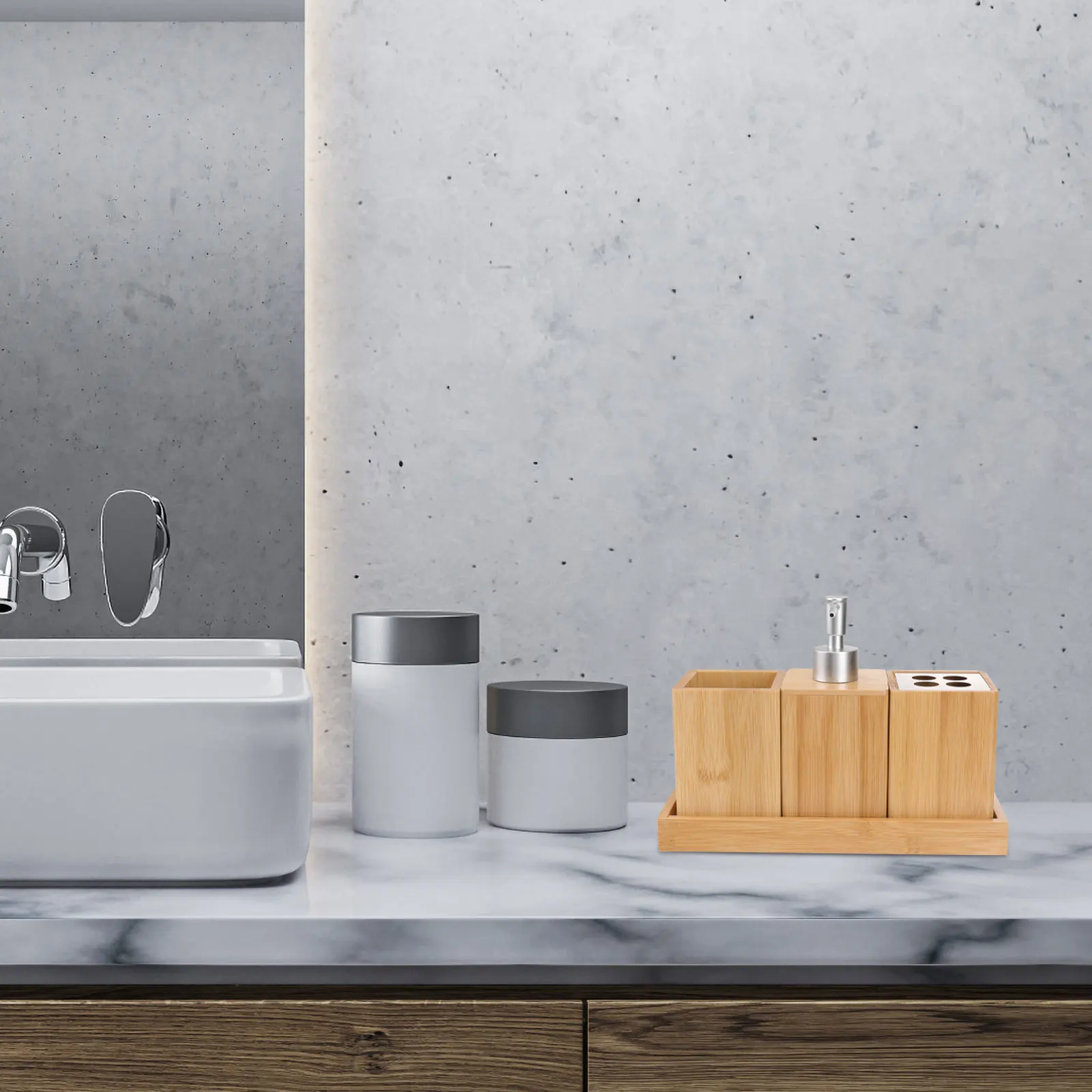 

Набор аксессуаров для ванной из бамбукового дерева: керамический держатель для зубных щеток, мыльница, органайзер для туалетного столика для дома и гостей, деревянный аксессуар для ванной