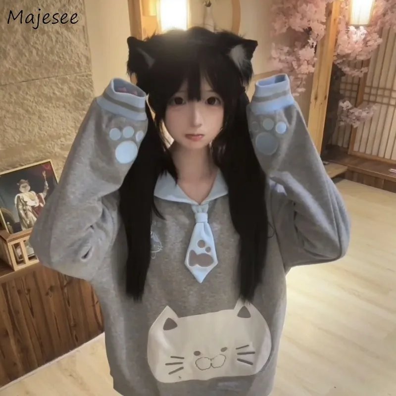 Sweatshirts Women Sailor Collar Embroidery Chic Long Sleeve Japanese Style Harajuku Cat Cartoon Design Kawaii Sweet Young Y2k