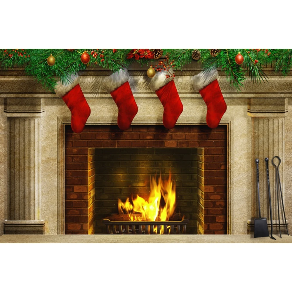 Winter Burning Firewood Backdrop Christmas Brick Wall Fireplace Flame Wood Baby Portrait Photography Background For Photo Studio