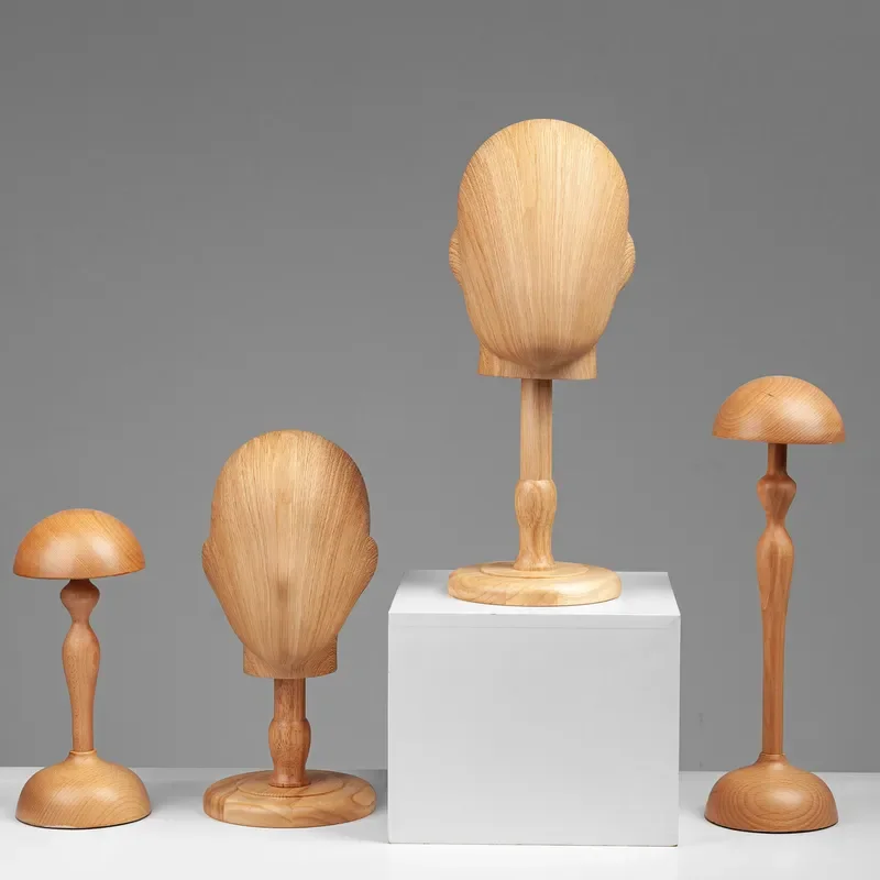 Wood Grain Desktop Head Mannequin Hat Holder Wig Display Stand Glasses Rack Middle Neck Mold Bracket for Cap Storage Show