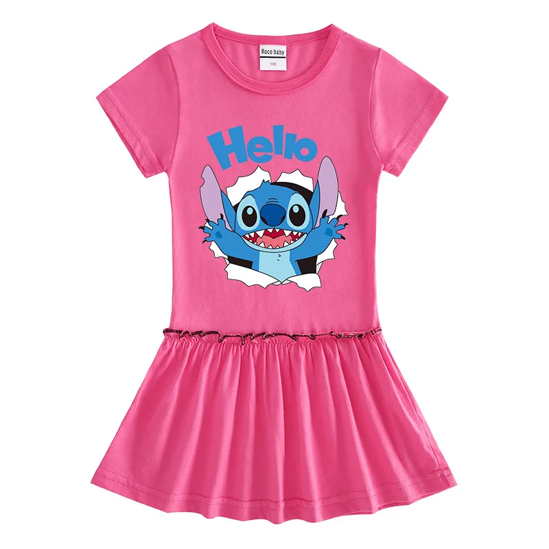 

Disney Stitch Mickey Mouse Summer Children Cartoon Half Sleeve Girl Dress Short Sleeve T-Shirt Girl Baby Fashion Pleated Skirt