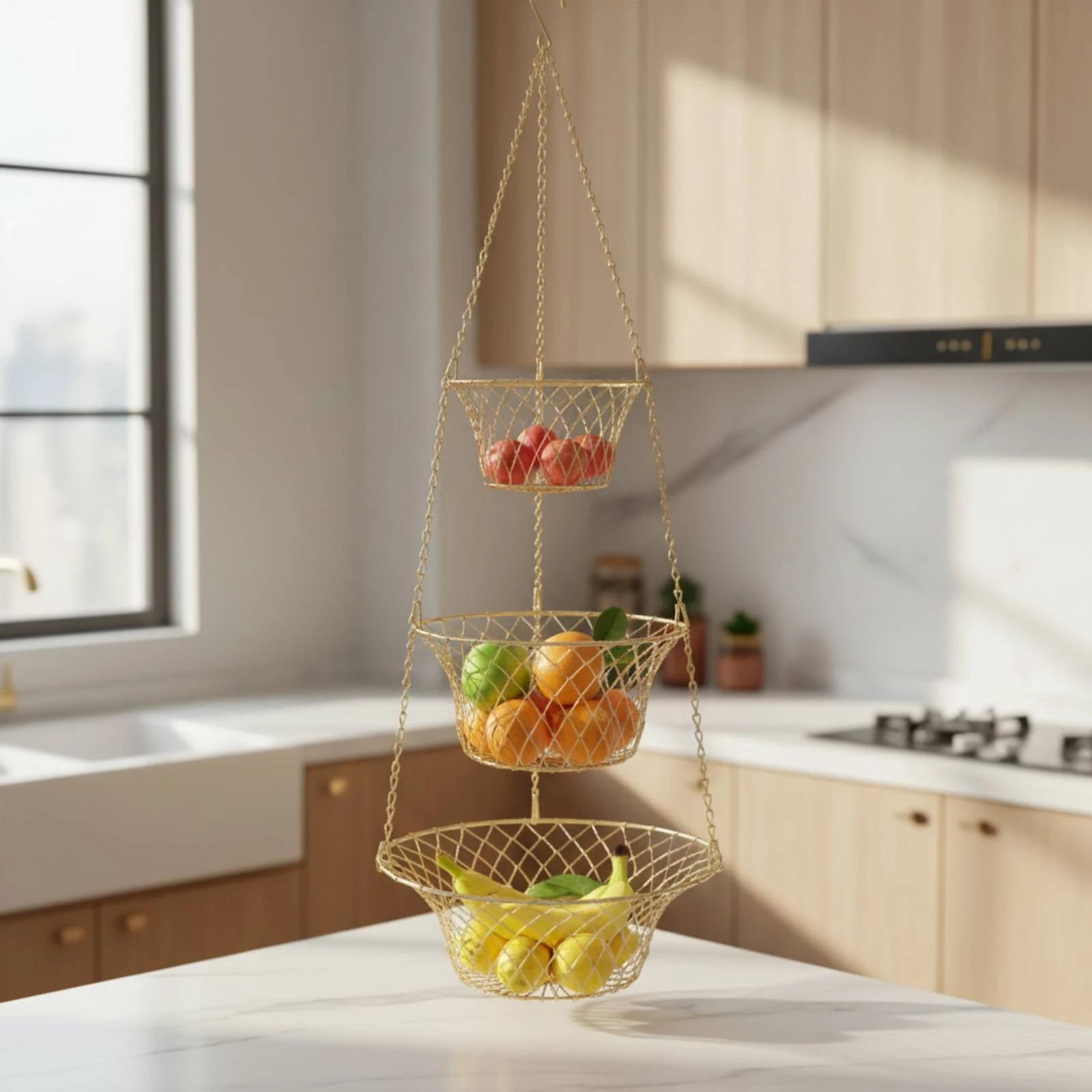 Hanging Fruit Basket with Chains Decorative Hanging Fruit Basket Multifunctional Heavy-Duty for Kitchen, Living Room
