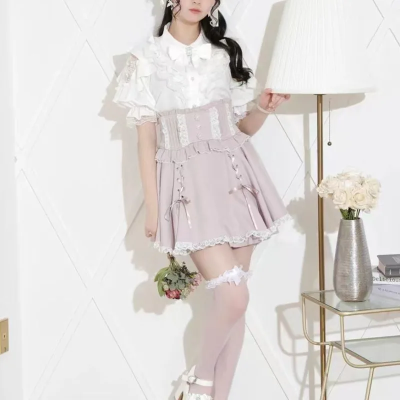 Landmine Tops&Tees Bow Y2K Lotus Leaf Edge Women Japanese Off Shoulder Lace Mid Buttoned Cardigan Sleeve Sweet Shirt Top Tee New