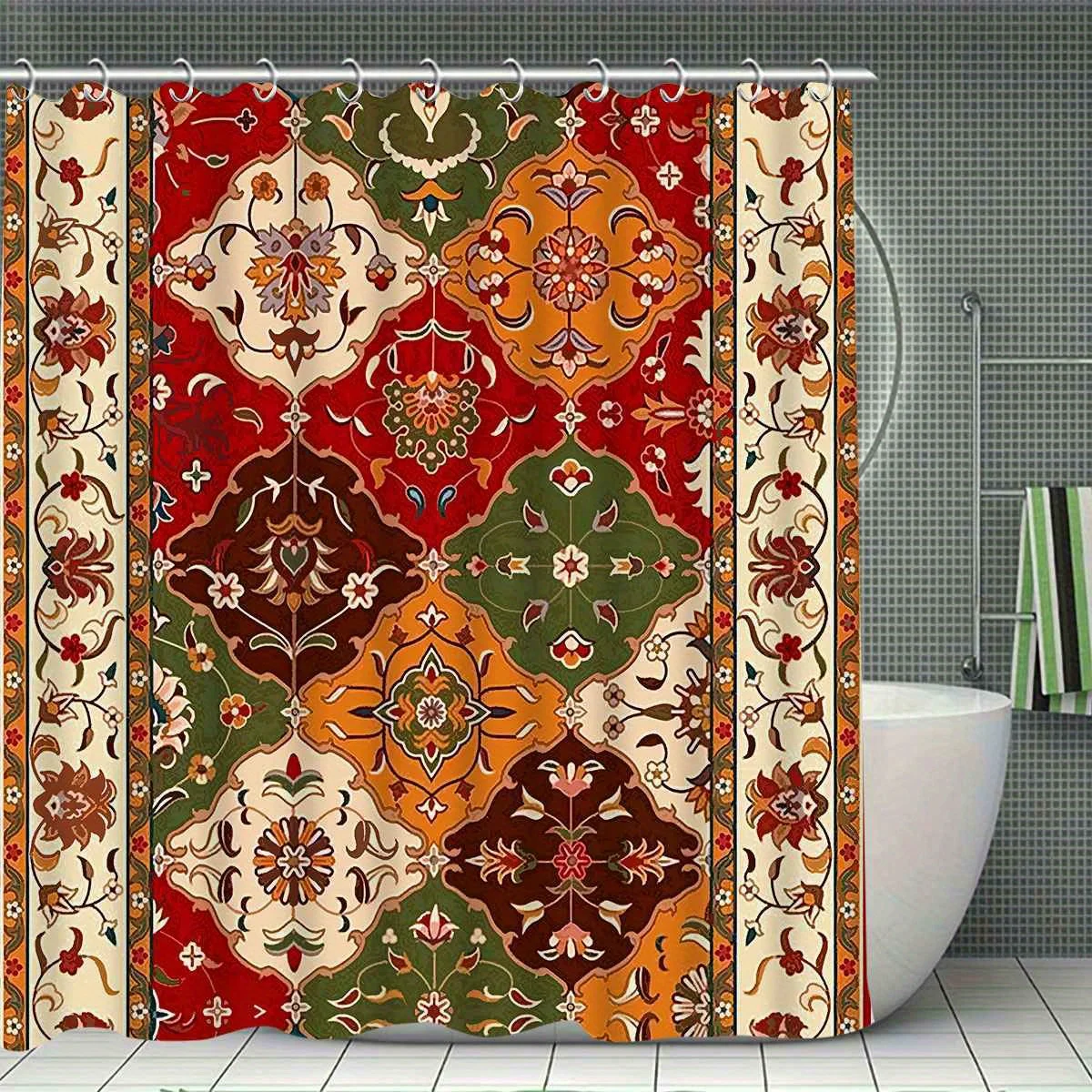 Vintage Persian Pattern Shower Curtain Set - Polyester, Machine Washable, 12 Hooks, Non-Slip Bath Mat, U-Shaped Toilet Seat Cove
