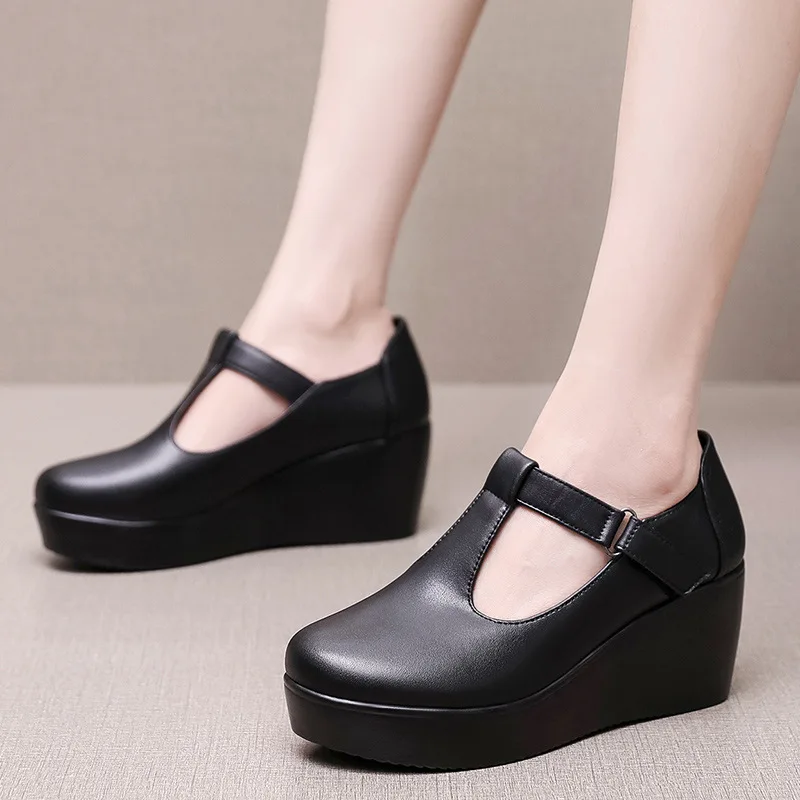 6cm Vintage Med Heels Platform Wedges Shoes 2024 Spring T Strap Mary Janes Women Pumps for Office Mom Girls