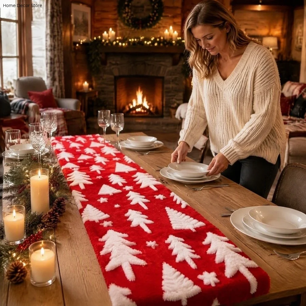 Practical Soft Christmas Tree Print Table Runner Reusable Festival Holiday Table Flat Rectangular Dinning Table Cover Winter