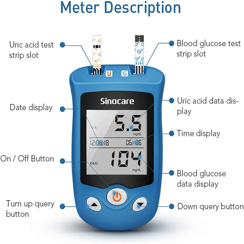 SINOCARE Safe AQ UG Glucometer KIT Blood Glucose Uric Acid Meter or Test strips Lancets for Gout Diabetes