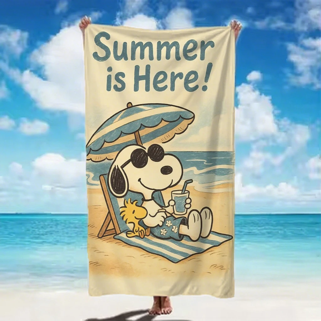 Image of Bandai Vintage Snoopy Woodstock Strandtuch mit Sonnenschirm-Aufdruck für Männer und Frauen, schnell trocknend, weich, für den Sommerurlaub, zum Schwimmen und Baden