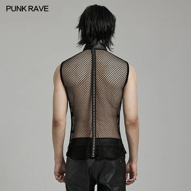 PUNK RAVE Men\'s Punk Personalized Mesh Tank Top Innovative Style Cool Handsome Tops Sexy Vest Men Clothing Summer