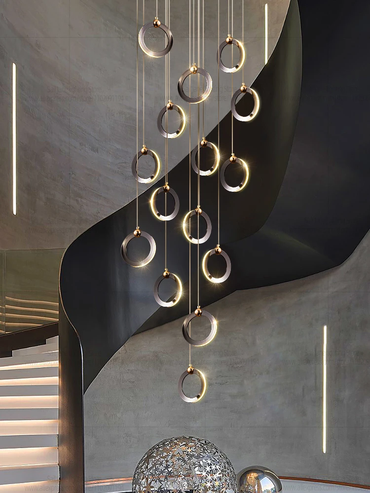 Nordic Chandelier Minimalist Ring Pendant Light Villa Luxurious Attic Living Room Lighting Modern Circular Staircase Chandelier