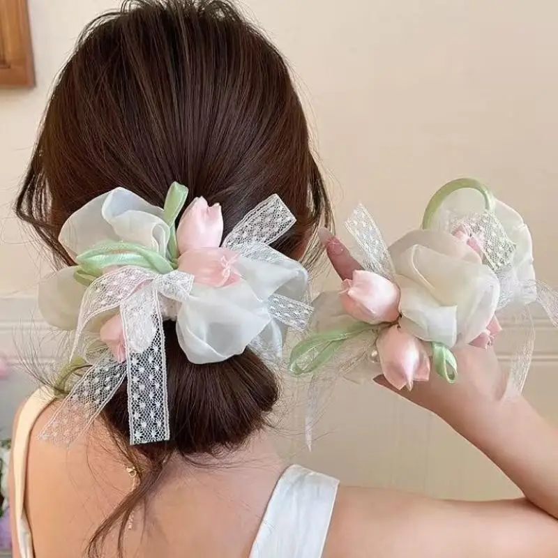 Women's Hair Scrunchies New Korean Tulips Sweet Gentle Lace Versatile Elastic Hair Bands High-quality Hair Accessories For Girl