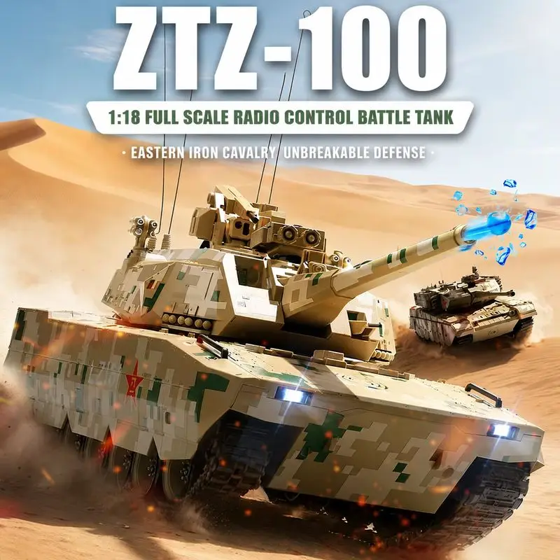 1:18 ZTZ-100 RC Tank Military Toy Electric Armored Vehicle 2.4GHz with Metal Tracks or Plastic Tracks, Sound Light Effects, 360°