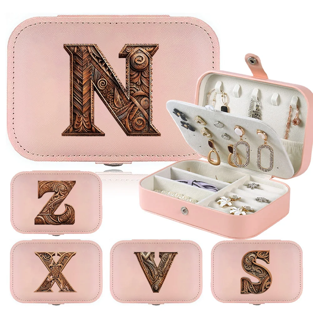 New High-capacity Fashionable Minimalist Portable Waterproof PU Leather Wood Art Letter Printing Pattern Jewelry Storage Box