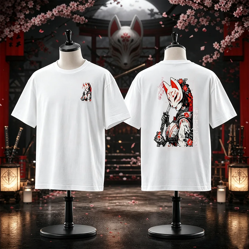 Japanese Ukiyo-e Fox Mask 3D Print Unisex T-shirt Quick-Dry Breathable Loose Fit Casual Outdoor Parent-Child Samurai Design