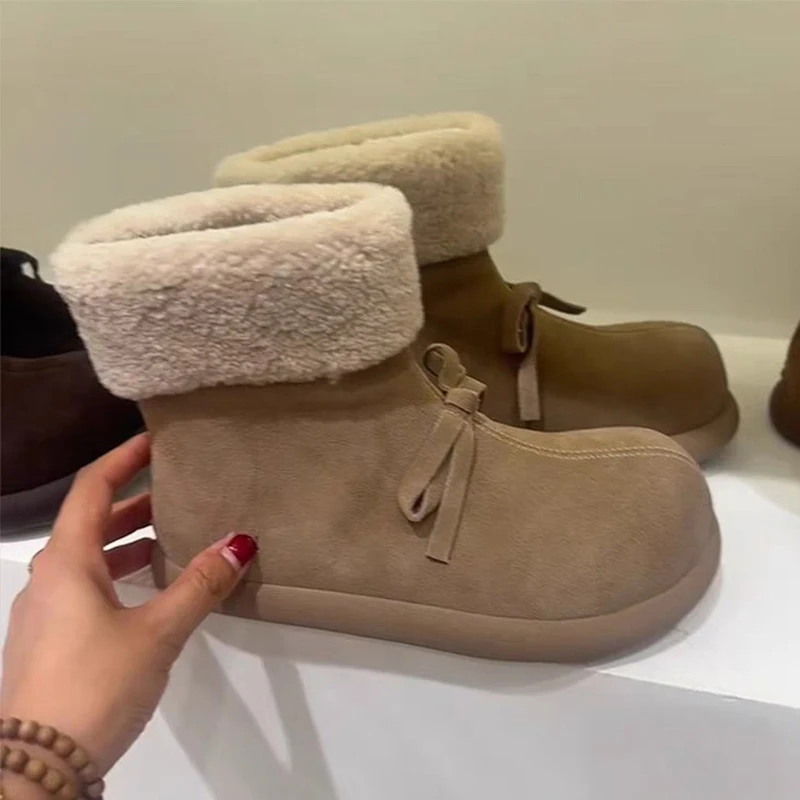 Bow Women Fur Snow Boots Flats Plush Cotton Shoes Winter 2025 Trend Warm Sneaker Comfort Casual Short Boots Sport Mujer Zapatos