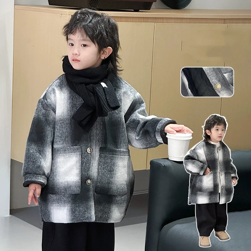 

Cotton thickened boy's woolen coat 2025 spring new children's clothing large children's woolen coat children's trench coat