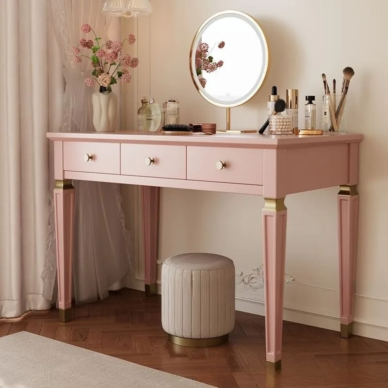 Simple American retro does not take up space to store solid wood makeup table, pink desk dresser in girls' bedroom