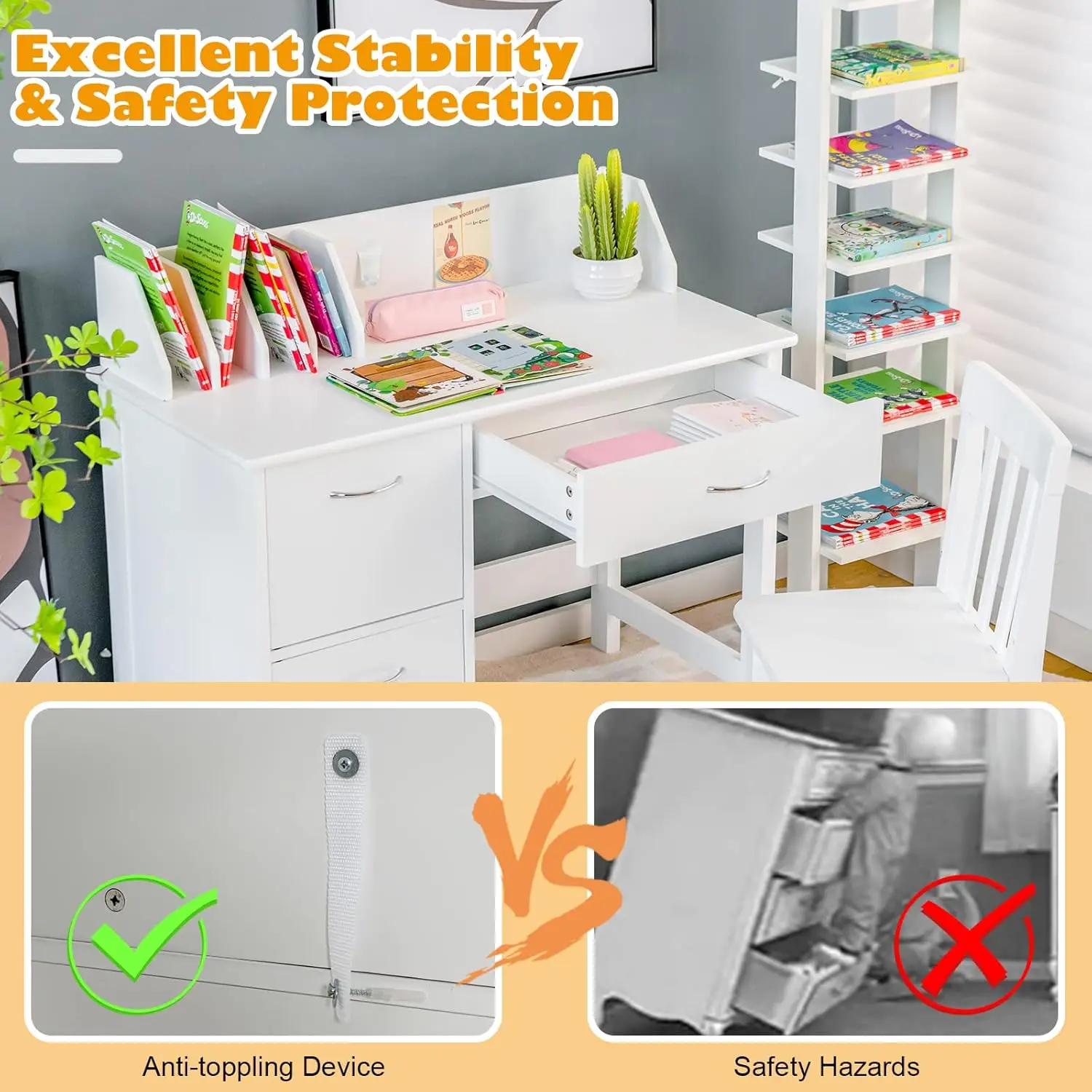 Kids Desk and Chair Set, Children Wooden School Learning Table w/Drawer & Storage Cabinets, Student Writing Computer Workstation