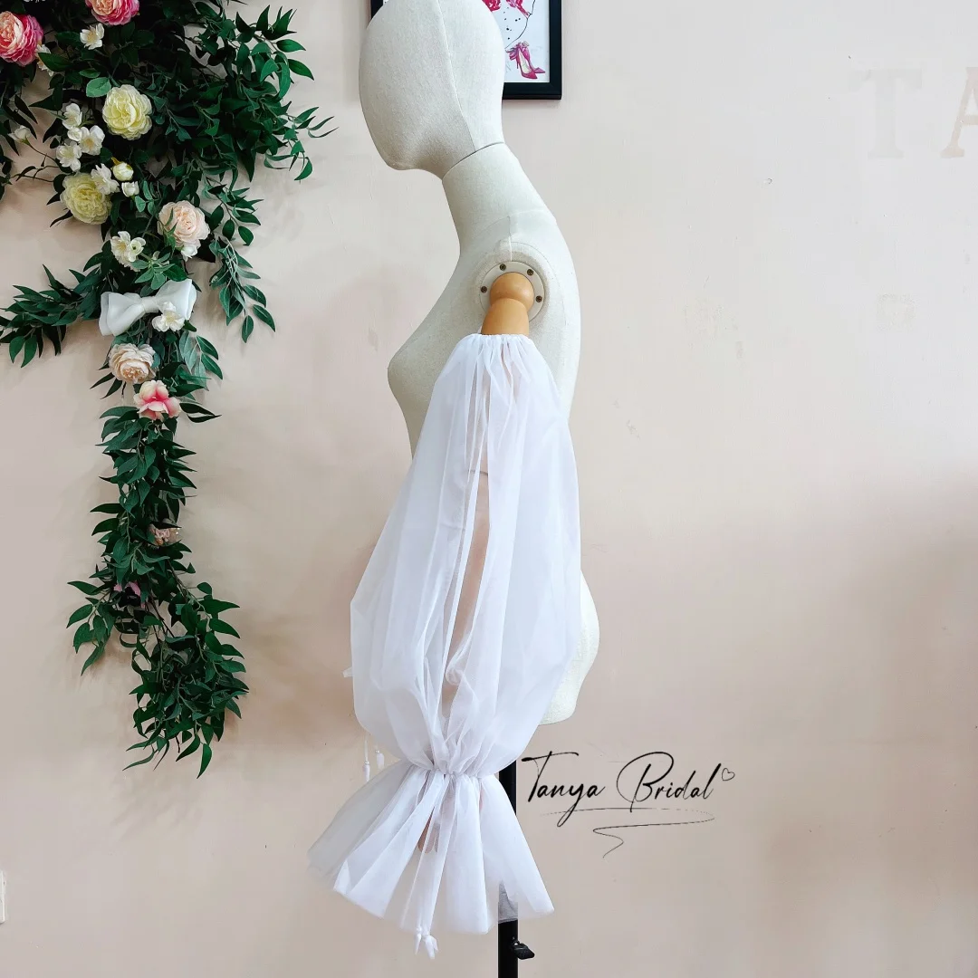 Detachable Sheer Tulle Bridal Arm Covers with Drawstring Cuff Puff Lantern Sleeves Removable Bellflower Accessorized Wedding Sle