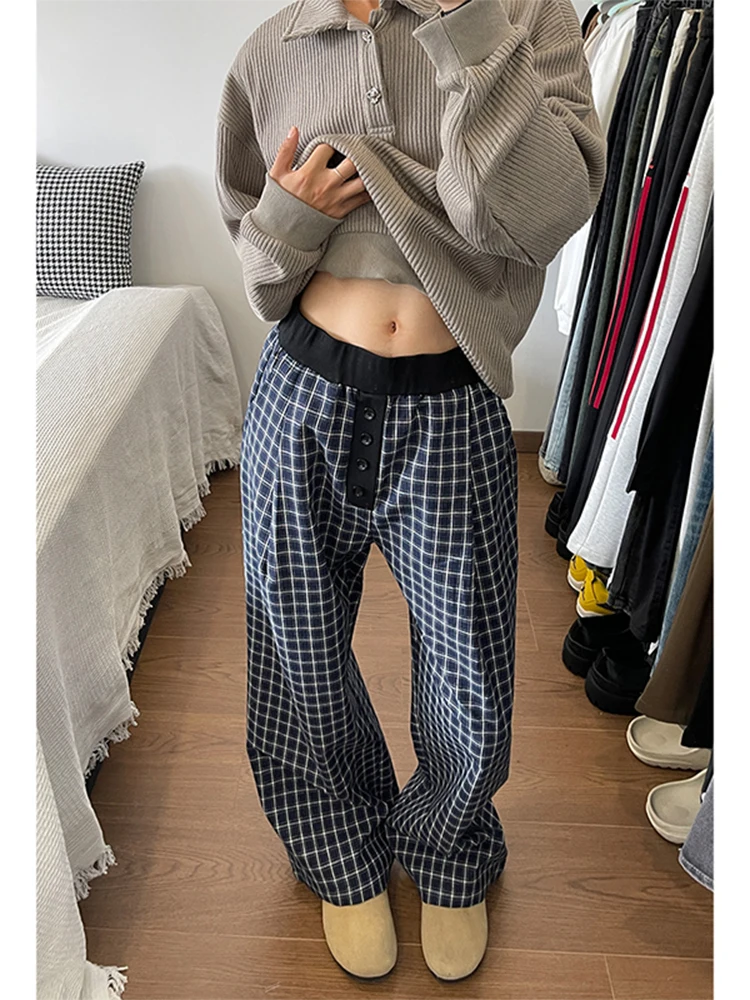

Retro American Blue Plaid Wide Leg Pants Men Loose Lazy Sle Casual Pants Drape Straight Tube Faionable Youth Spring Autumn