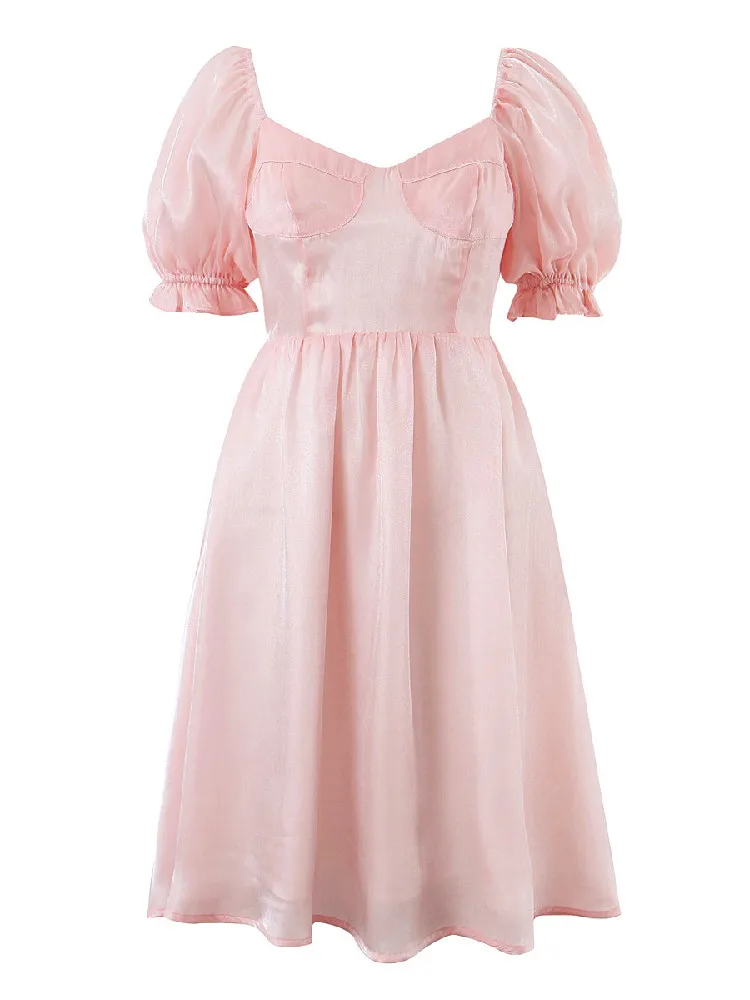 Women Swing Midi Robe Fairy Cake Vestidos Sweet Summer Pink Bright Organza Ball Gown Dress Square Collar Puff Sleeve Retro