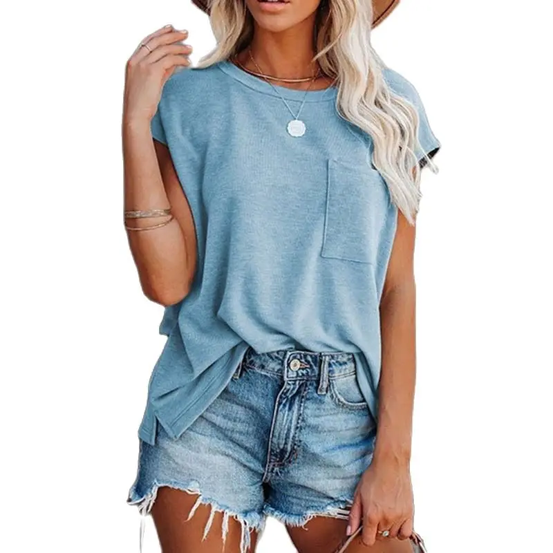 Swobodne, z odkrytymi ramionami O dekolt z krótkim rękawem Top damski jednolita elastyczna regulowany kieszonkowy rozmiar t-shirt letni wszystkie dopasowane ubrania — zdjęcie 2