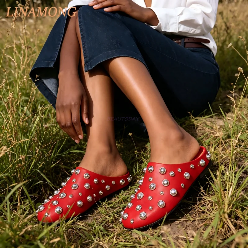 Women's Round Toe Red Leather Studded Mules Large Silver Beads Slip On Flat Shoes for Streetwear and Casual Daily Wear