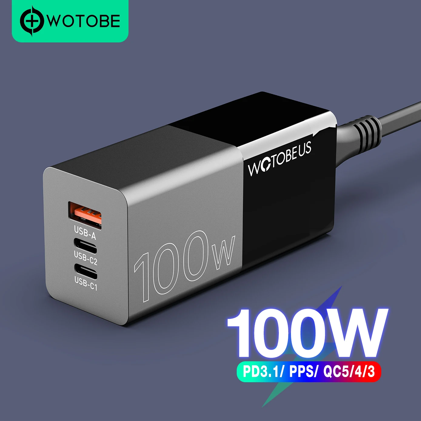 WOTOBE 100W GaN USB C Charger Power Adapter,3-Port 100W PD PPS 45W 27W QC5 AFC for Laptop MacBook iPhone 15 14 Galaxy S23 Xiaomi