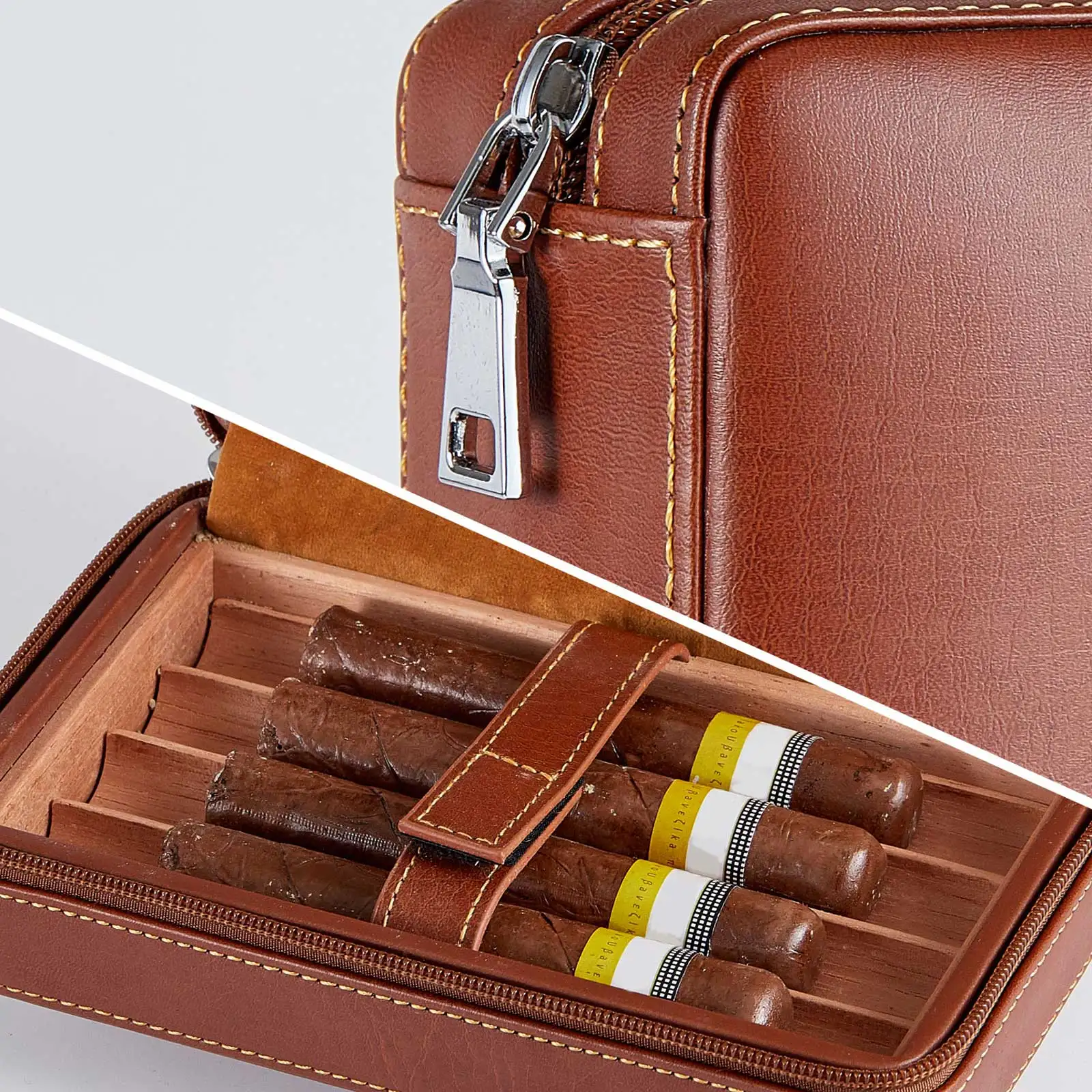 Cedarwood Cigar Case Travel Leather Cigar Box Storage of 4 Cigar Humidor Kit Portable Cedarwood Humidifying Holder Accessories