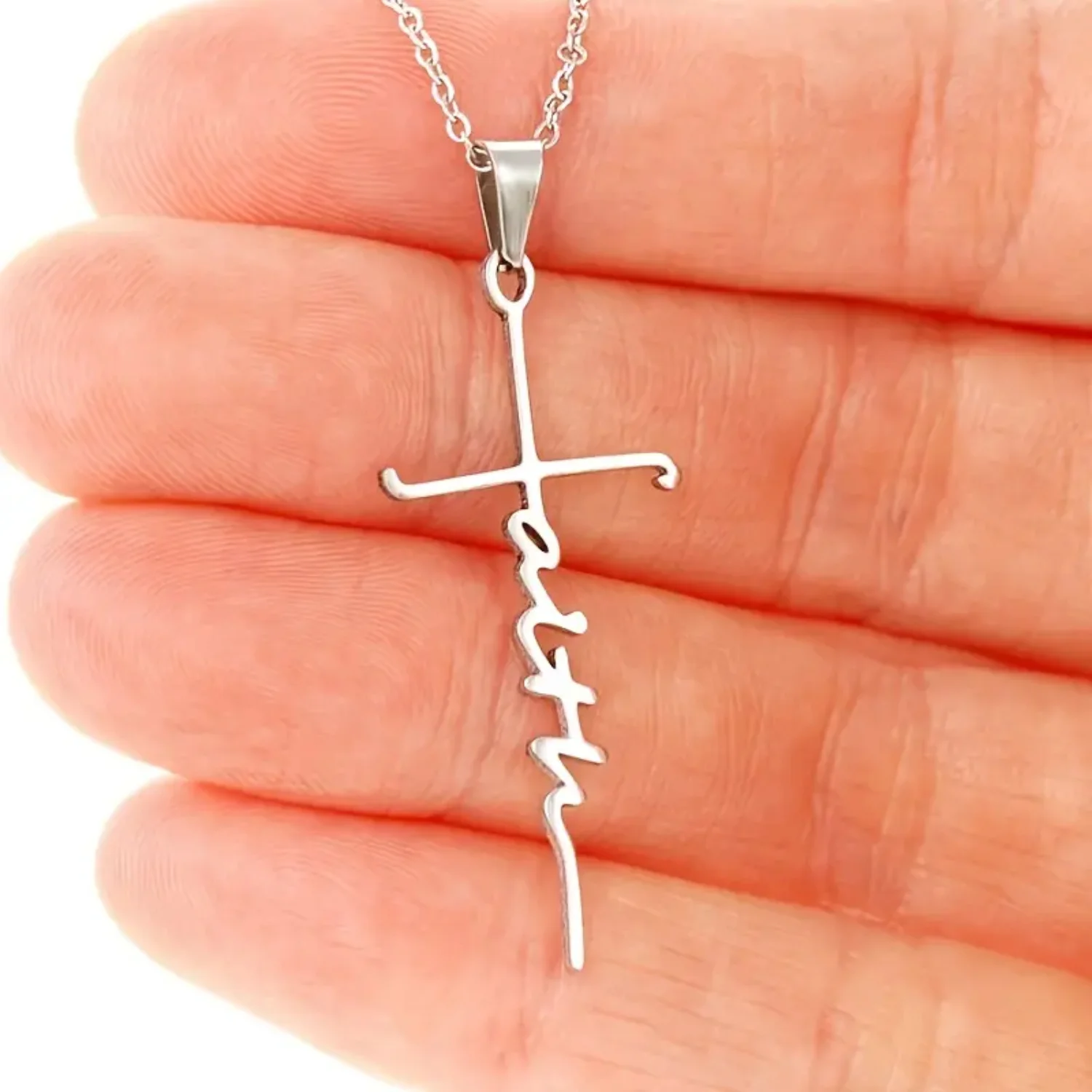 New Stainless Steel Christian Cross Faith Word Pendant Necklace for Church Prayer