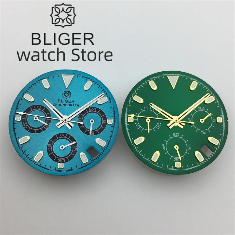 BLIGER VK63 Dial 29.5mm Sky blue Green Dial With Hands Green Luminous Fit VK63 VK64 movement