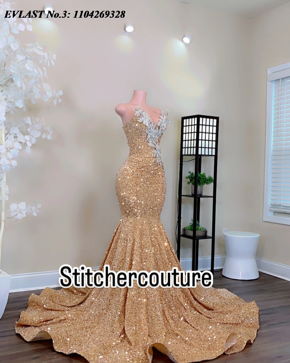 

EVLAST Customized Champagne Sequins Prom Dress Black Girls White Lace Rhinestone Crystal Beaded Mermaid Party Gala Gown E3P300