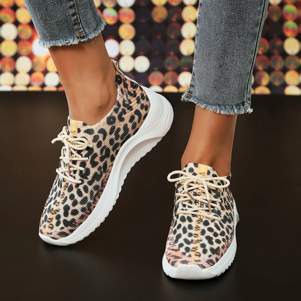 fashion leopard knitted sneakers women autumn 2023 comforatble slip on soft bottom casual shoes woman platform flats sneakers