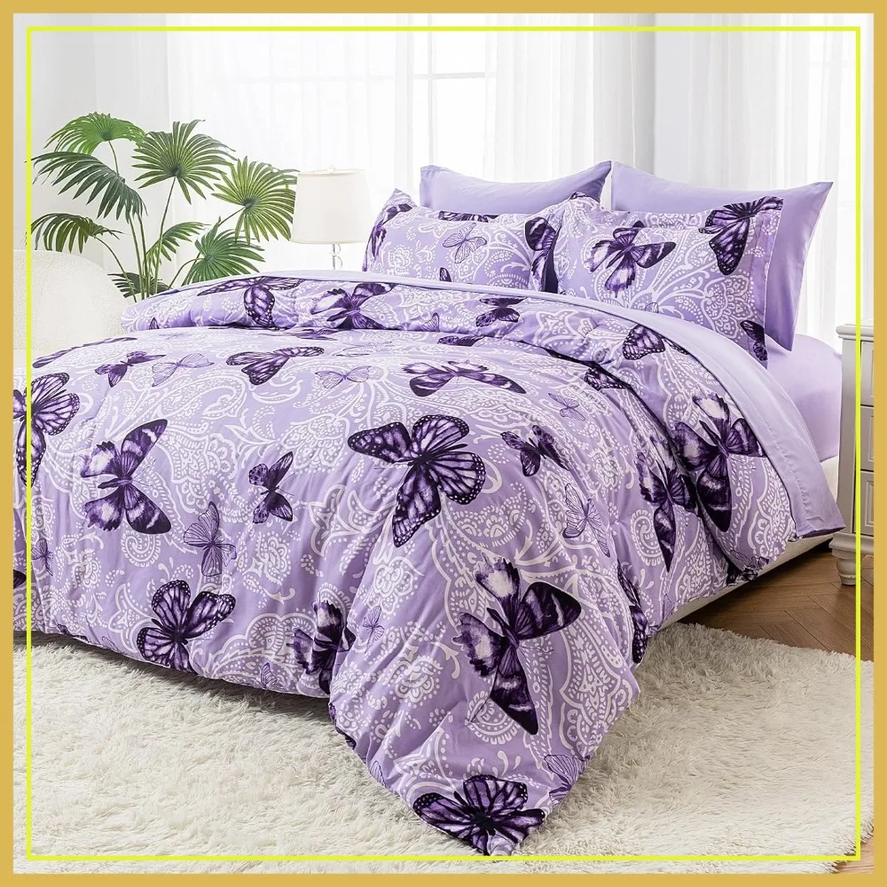 

7-Piece Queen Size Bed in a Bag, Purple Paisley Butterfly Comforter Set with Sheets