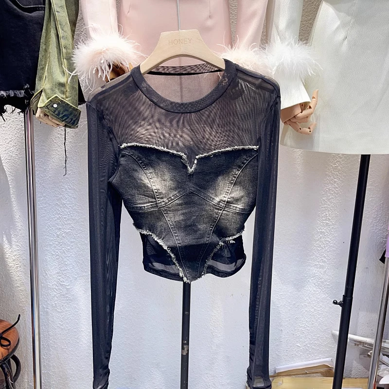 

Autumn Western-style crew neck see-through sexy mesh patchwork denim long-sleeved T-shirt slimming slim cropped top