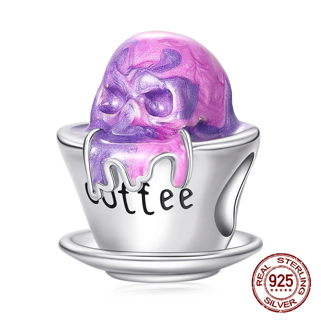 

925 Sterling Silver Skeleton Poisoned Coffee Cup Pendant Charm Fit Original Charms Bracelets Women DIY Jewelry Gift