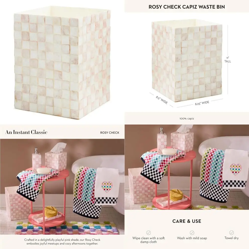 

Decorative Capiz Waste Bin for Bathroom and Bedroom, Pink and White Rosy Check Pattern, Stylish Trash Can with Long Tail Keyword