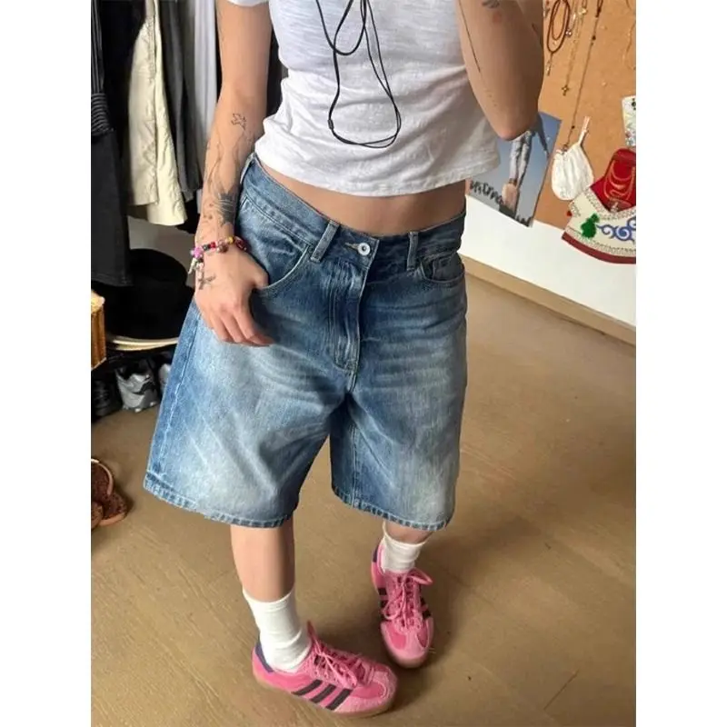 American Retro Blue Denim Shorts Loose Fit Casual Straight Leg mid Waist Five-Point Pants for Women Summer New Style Slimming