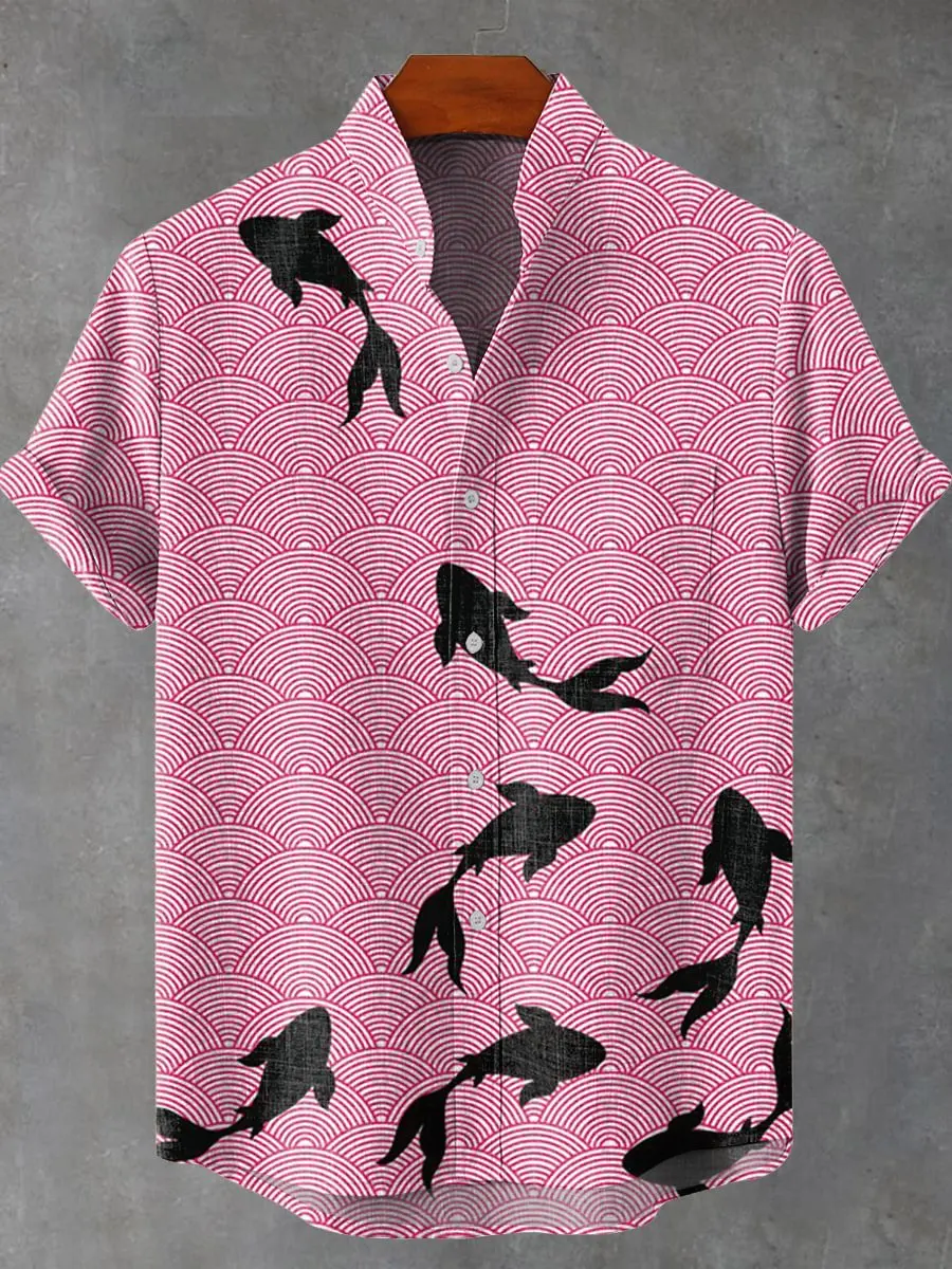 3D retro pink poppy print casual fashion button short sleeved men's linen shirt suitable for casual play