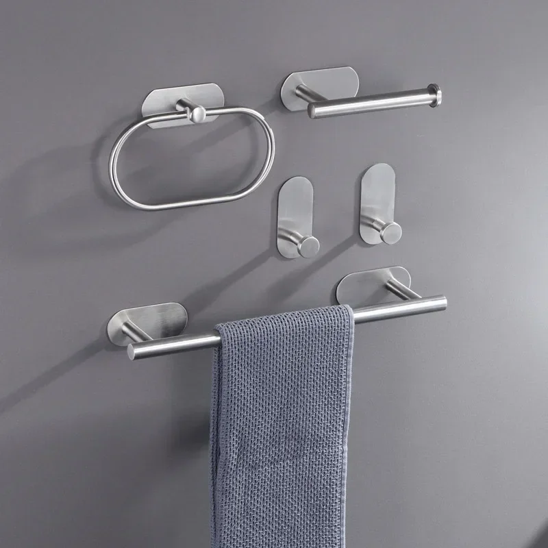 

z Steel Bathroom Accessories Set, Self Adhesive Towel Bar, Towel Ring, Paper Holder, Hook, 5Pcs, 15.7Inch