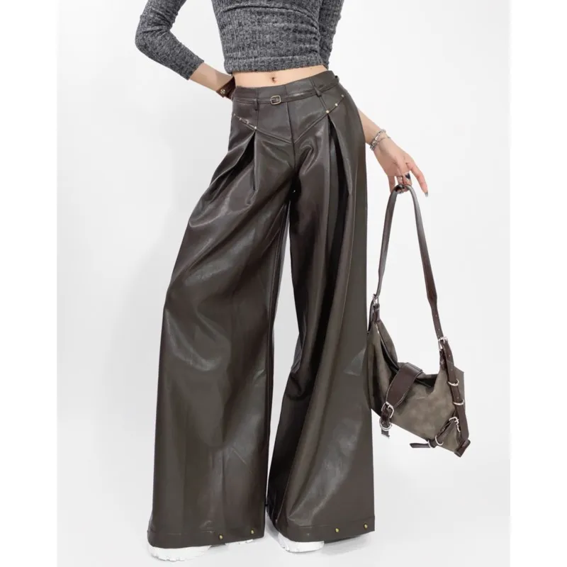 American Retro Brown Rivets Wide Leg PU Leather Pants The Spice Girls With Belt Waist Loose Long Straight Trousers Casual Bottom